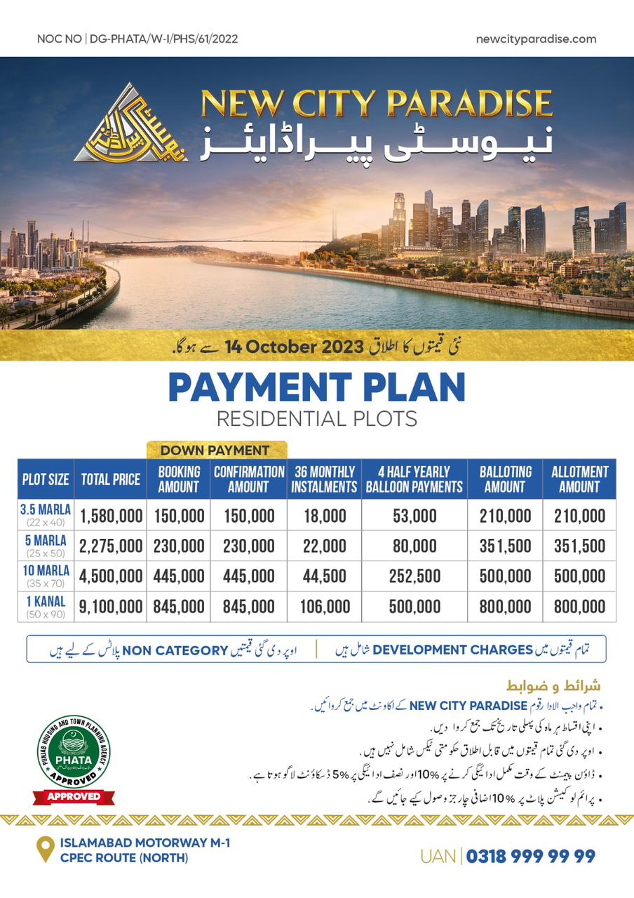 Payment Plan for  Residential Plots